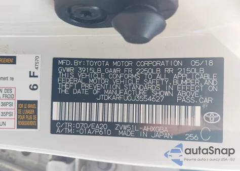 2018 Toyota Prius Four z USA, uszkodzony, nr VIN JTDKARFU0J3554627